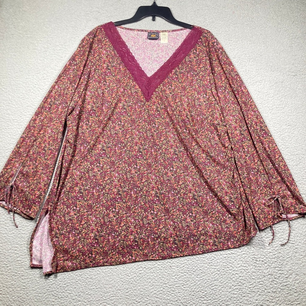 Route 66 Blouse Womens 3X Burgundy Floral Lace V-Neck Tie Cuff Boho Top